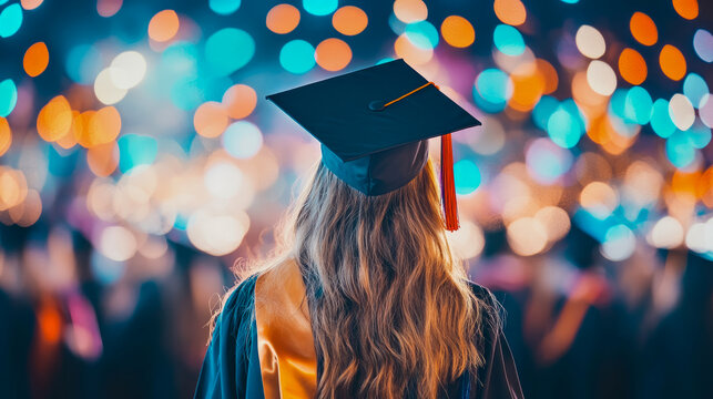Rear view of thoughtful graduate in traditional black cap and gown, with flowing hair, gazing at dazzling, blurred background of colorful celebration lights, embodying academic success and future aspi