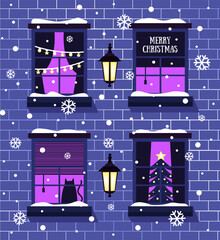 Illustration of a New Year's house on a blue background.