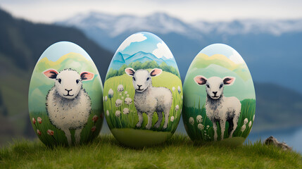 Three pastel Easter eggs on green hill with sheep and misty mountains