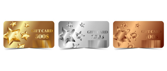 A set of three gift cards with stars, gold, silver and bronze with different amounts