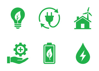 Eco-friendly energy icons set with lightbulb, plug, wind turbine house, gear, battery and water drop