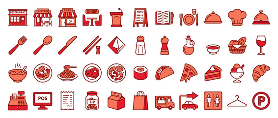 Food and dining solid icon set. containing restaurant, menu, ute