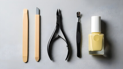 Essential nail care tools and yellow nail polish arranged neatly on a textured gray surface