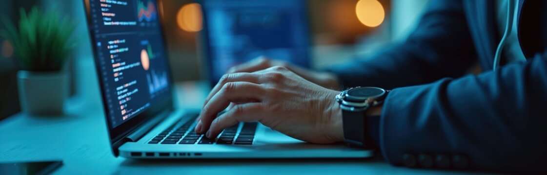 Businessman in suit typing on laptop with business intelligence data on screen. Man works on computer with graphs and charts. Office worker uses keyboard and modern tech at workplace. - Powered by Adobe