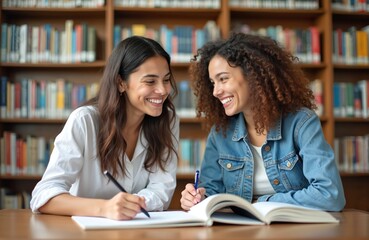 Two young women laugh while studying together in a library. They take notes from an open book and enjoy learning with a friend. Smiling students work on homework assignments.