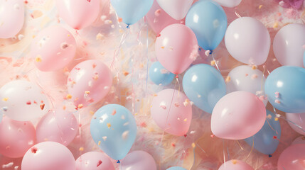 Top-down flatlay with pastel balloons and streamers