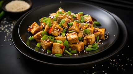 Top view of tofu stir fry with green onions and sesame in black bowl
