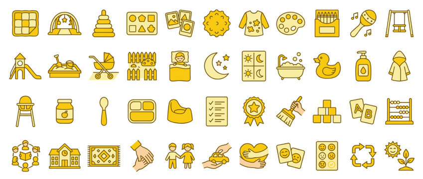 Childcare and education solid icon set. containing playground, t