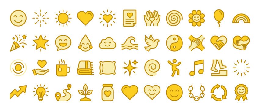 Wellness and positivity solid icon set. containing smiley, sun,