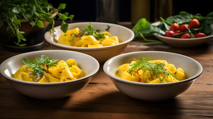 Trio of Yellow Pasta Bowls Garnished with Herbs on Wooden Table