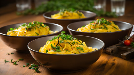 Trio of Yellow Pasta Bowls Garnished with Herbs on Wooden Table