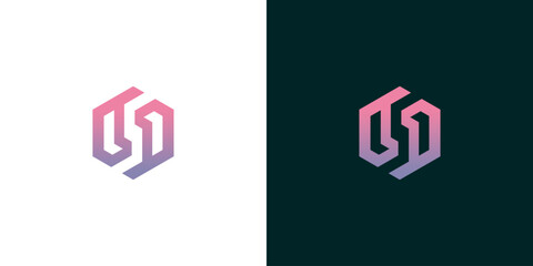 Sleek and modern geometric lettermark logo design featuring a captivating gradient color scheme within an abstract hexagonal or cube shape, ideal for innovative brands