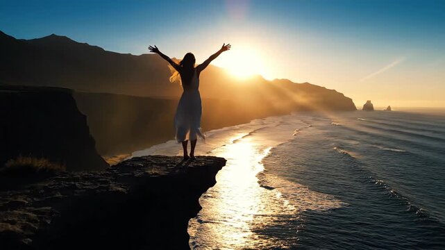 Silhouette of person on cliff at sunset with outstretched arms overlooking ocean and mountains