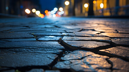 Urban pavement with cracks and distant lamplight in the night