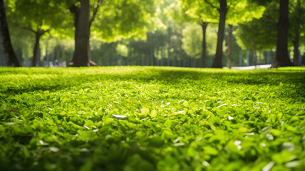 Vibrant Green Lawn Lit by Sun with Shadows and Rich Leaves
