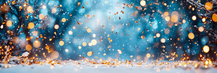 Magical winter night scene featuring delicate falling snow, sparkling golden bokeh lights, and shimmering confetti on frosty white ground, set against serene blue forest backdrop, evoking festive wond