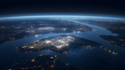 View from orbit showing Earth city lights and winding coastlines