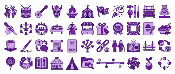 Cultural and craft solid icon set. containing dance, drum, mask,