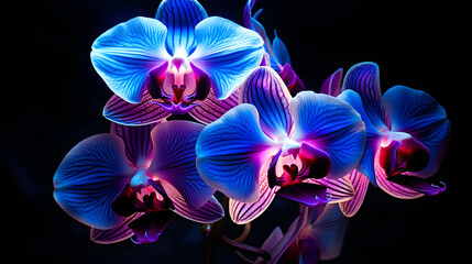 Vivid purple and blue orchid glowing in moody lighting