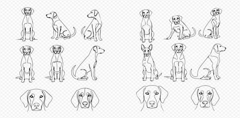 Fototapeta premium Collection of minimalist line art illustrations featuring various dog poses, including sitting, standing, and detailed facial expressions, perfect for graphic design.