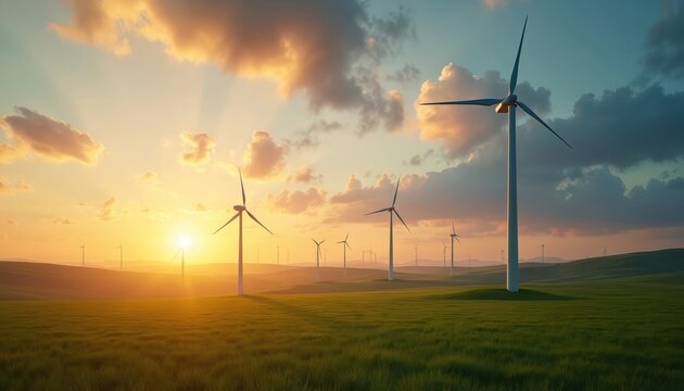 Wind turbines stand in green grassy field under warm sunset sky with dramatic clouds. Renewable energy generators spin slowly, creating clean power. Eco friendly landscape shows sustainable power