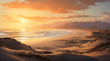 Warm light at sunset over beach dunes and distant ridge
