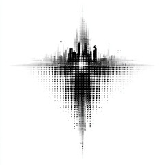 Digital vector graphic of a city skyline formed by a gradient of black ink dots on a white background.