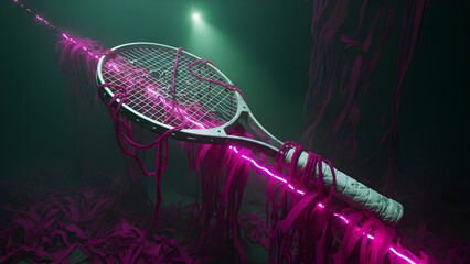 Abstract tennis racket illuminated by vibrant neon pink light trails in dark moody atmosphere