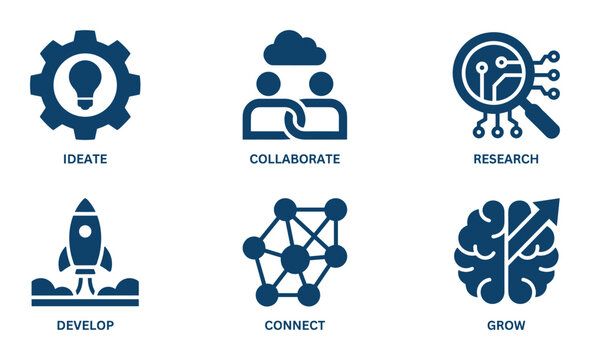 Set of ideate collaborate research develop connect grow business icons