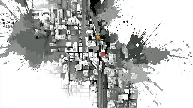 Creative aerial view of a city with abstract black and gray ink splatters.