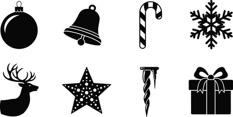 Christmas holiday vector icons set, black silhouettes of ornament, bell, candy cane, snowflake, reindeer, star, icicle, gift, festive decoration elements