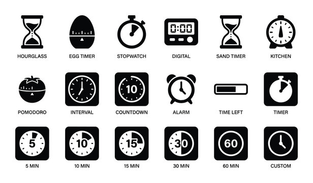 Variety of kitchen and digital timers including hourglass stopwatch and interval countdown options
