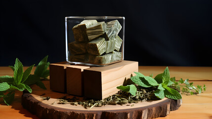 Wooden cube stand with tea leaves, mint, and healing stones