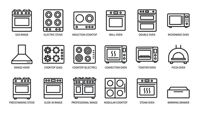 Set of kitchen appliances line icons including gas range electric stove induction cooktop and wall oven
