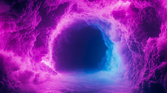 Ethereal cavern entrance glowing with neon purple and electric blue mist and textured energy, creating abstract, mystical pathway into unknown
