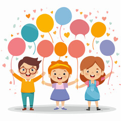 A happy group of school kids and friends enjoy a fun birthday playing with balloons in this colorful cartoon vector illustration of childhood friendship and family smiles