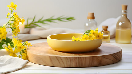 Yellow skincare bowl with flowers on light wooden pad