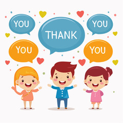 A fun vector illustration set of children with speech bubbles features a diverse group of school kids and a happy family in a creative drawing design representing childhood and art