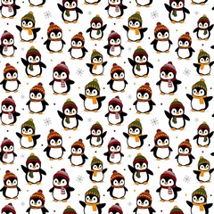 Obraz premium Cute cartoon penguins in colorful clothes in different poses, seamless pattern, white background with snowflakes