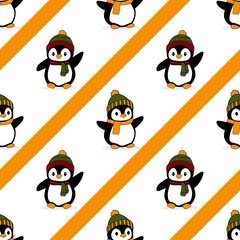 Cute cartoon penguins in colorful clothes, seamless pattern, striped background