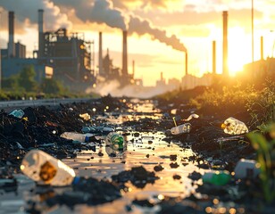 Polluted landscape with discarded plastic bottles strewn across a muddy puddle near an industrial area under a sunrise