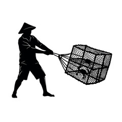 Fisherman pulling a crab trap full of crabs.