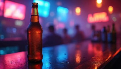 Cold beer bottle with condensation on wet bar counter in nightclub. Pub background blurry people, colourful glowing neon lights. Vibrant dark scene with red blue reflection. Alcohol beverage for