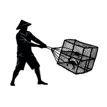 Fisherman pulling a crab trap full of crabs.