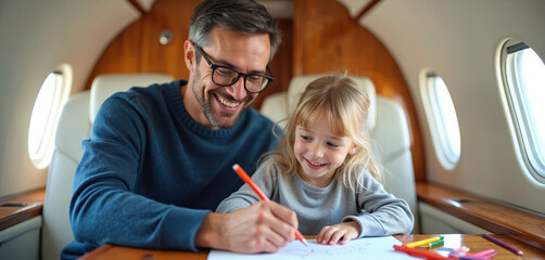 Man with daughter draw together in private jet. Family fly in comfort class. Father and child enjoy travel together. Dad with girl drawing using pencils during luxury flight.
