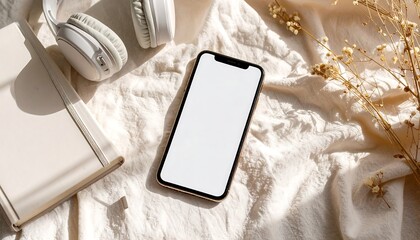 Minimalist aesthetic with a blank screen smartphone, notebook, and headphones on a textured surface, bathed in soft light
