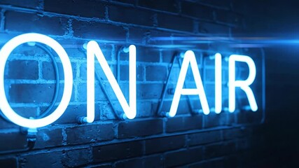 Bright Blue Neon ON AIR Sign Illuminates Brick Wall. - Powered by Adobe