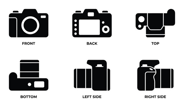 Detailed views of a modern camera body from multiple angles including front and back