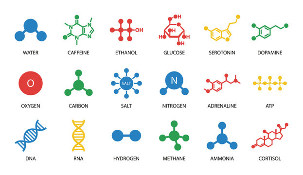 Various molecular structures and chemical compounds like water caffeine ethanol glucose and serotonin