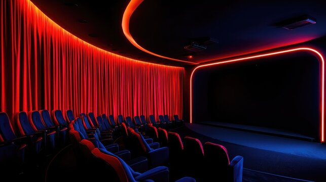 Modern  theater interior with vibrant lighting and plush seating.